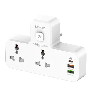 LDNIO SC2311 con 2 tomas AC, USB-C PD 20 W + USB-A QC, lámpara táctil y 2500 W. Ideal para velador, oficina y viajes. Versiones EU/UK/US.