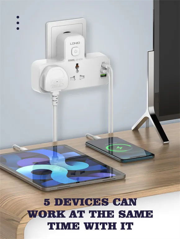 LDNIO SC2311 con 2 tomas AC, USB-C PD 20 W + USB-A QC, lámpara táctil y 2500 W. Ideal para velador, oficina y viajes. Versiones EU/UK/US.