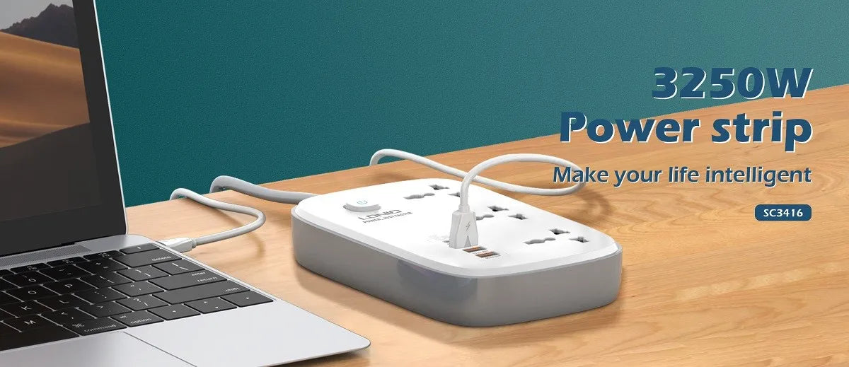 Regleta LDNIO SC3416 con 3 tomas universales y 4 USB (hasta 65 W), cable 2 m, safety door y 9 protecciones. Material ignífugo. Envíos a todo el Perú.