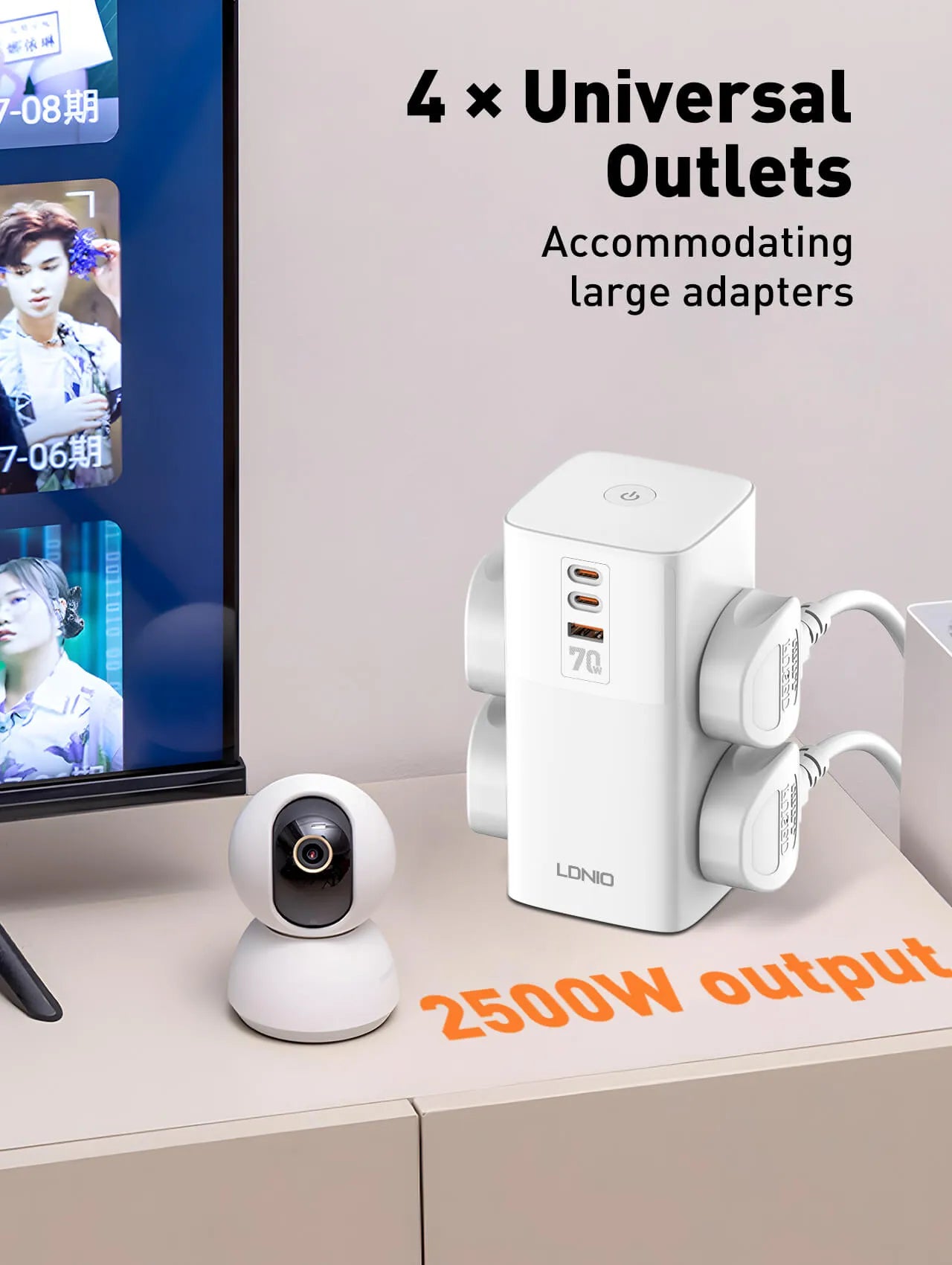 LDNIO SC4383 con 4 tomas universales, USB 70 W (2×USB-C + 1×USB-A), cable 2 m y 2500 W. Ideal para escritorio y home office. Envíos a todo el Perú.