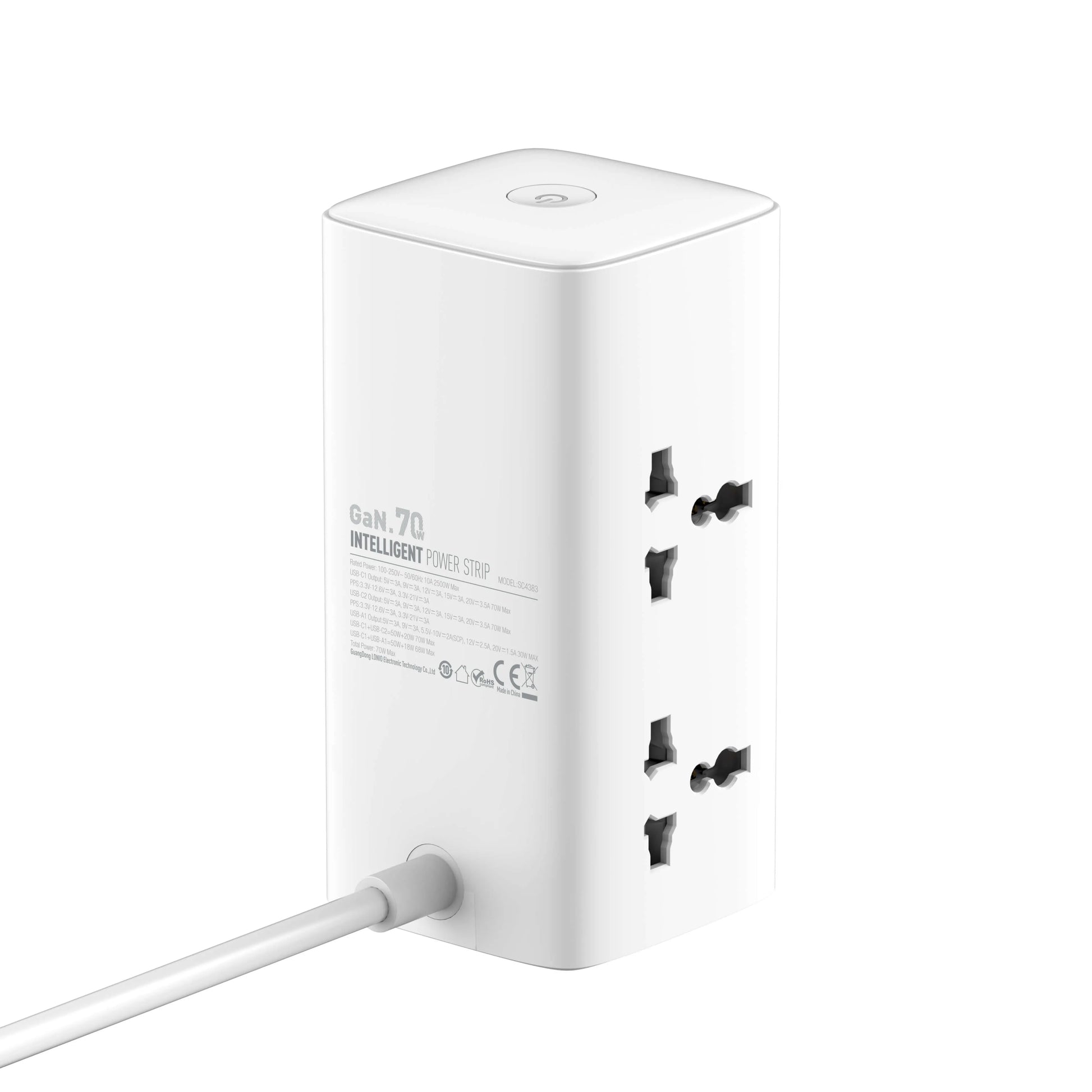 LDNIO SC4383 con 4 tomas universales, USB 70 W (2×USB-C + 1×USB-A), cable 2 m y 2500 W. Ideal para escritorio y home office. Envíos a todo el Perú.