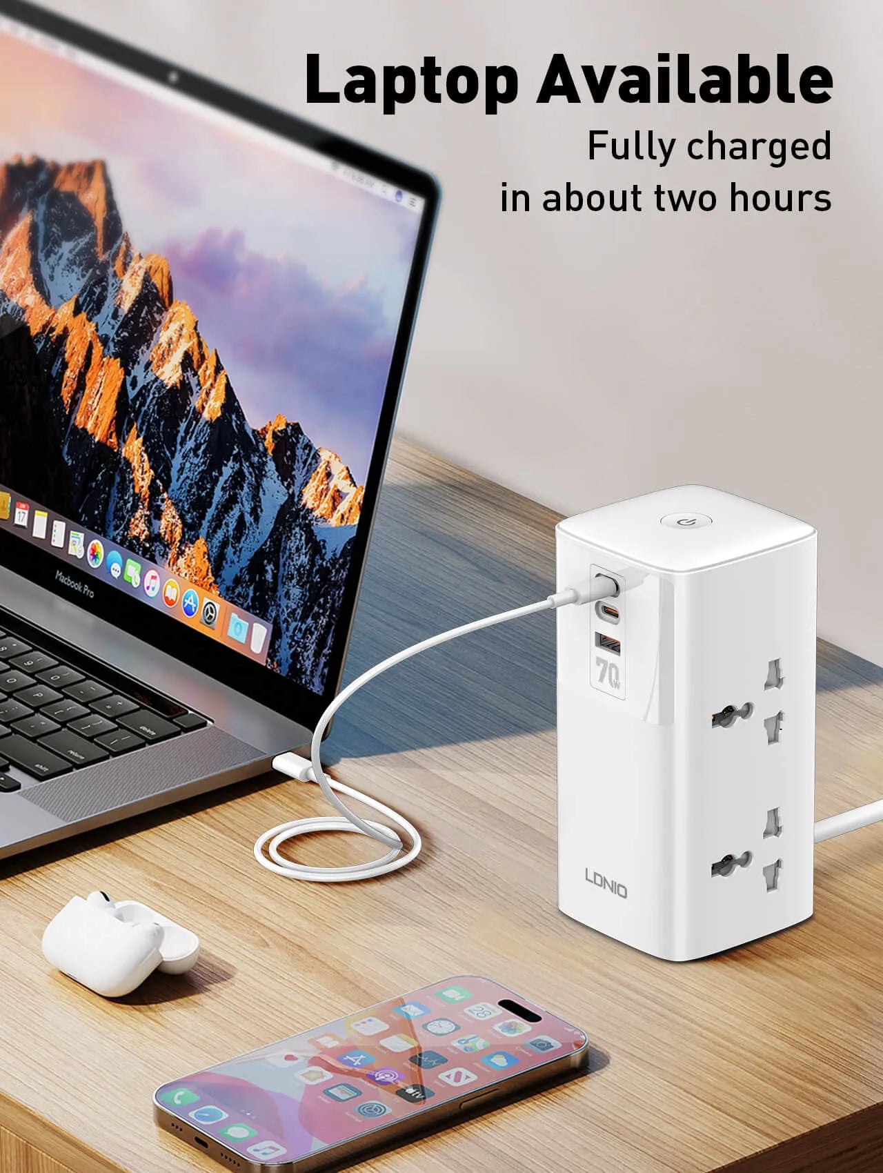 LDNIO SC4383 con 4 tomas universales, USB 70 W (2×USB-C + 1×USB-A), cable 2 m y 2500 W. Ideal para escritorio y home office. Envíos a todo el Perú.