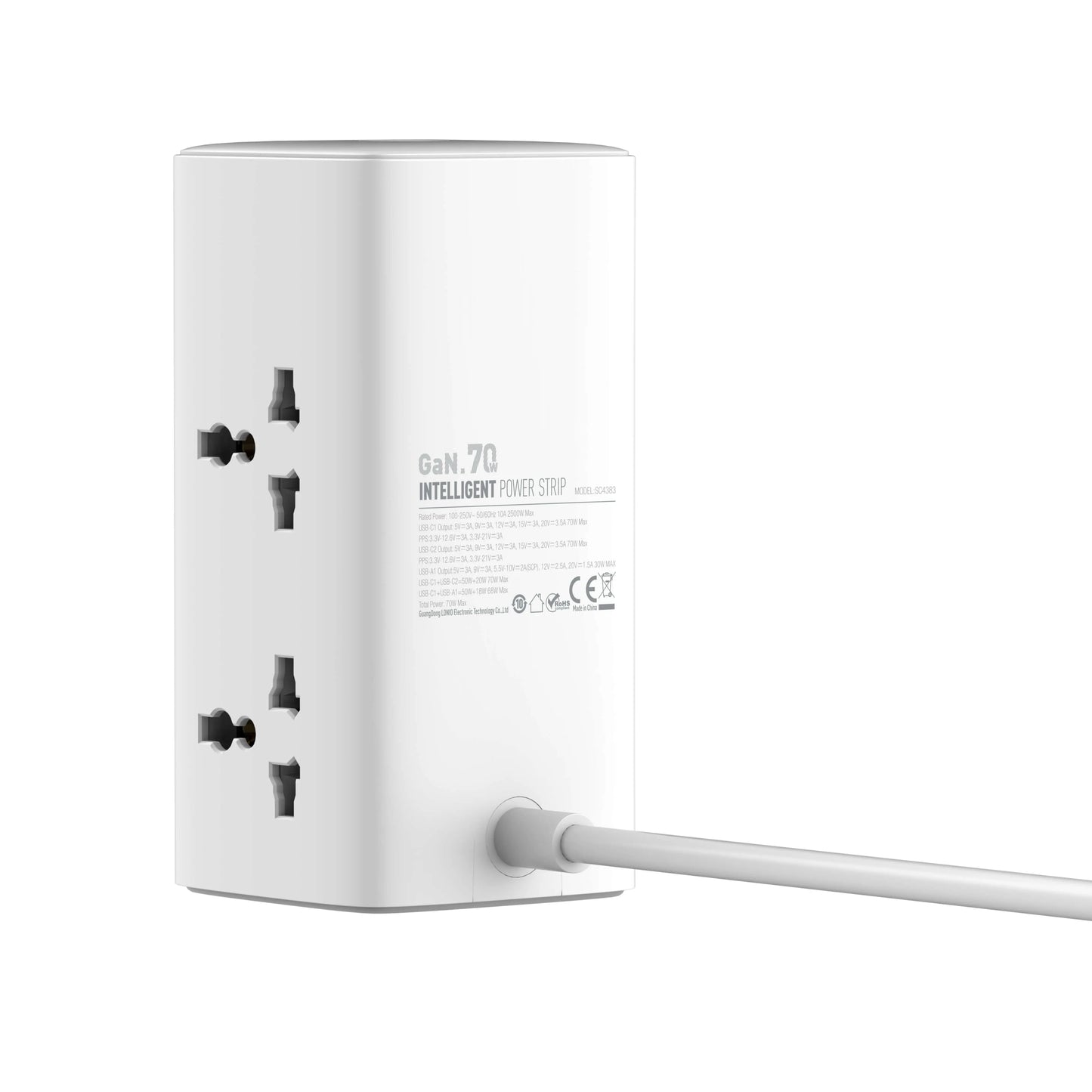 LDNIO SC4383 con 4 tomas universales, USB 70 W (2×USB-C + 1×USB-A), cable 2 m y 2500 W. Ideal para escritorio y home office. Envíos a todo el Perú.