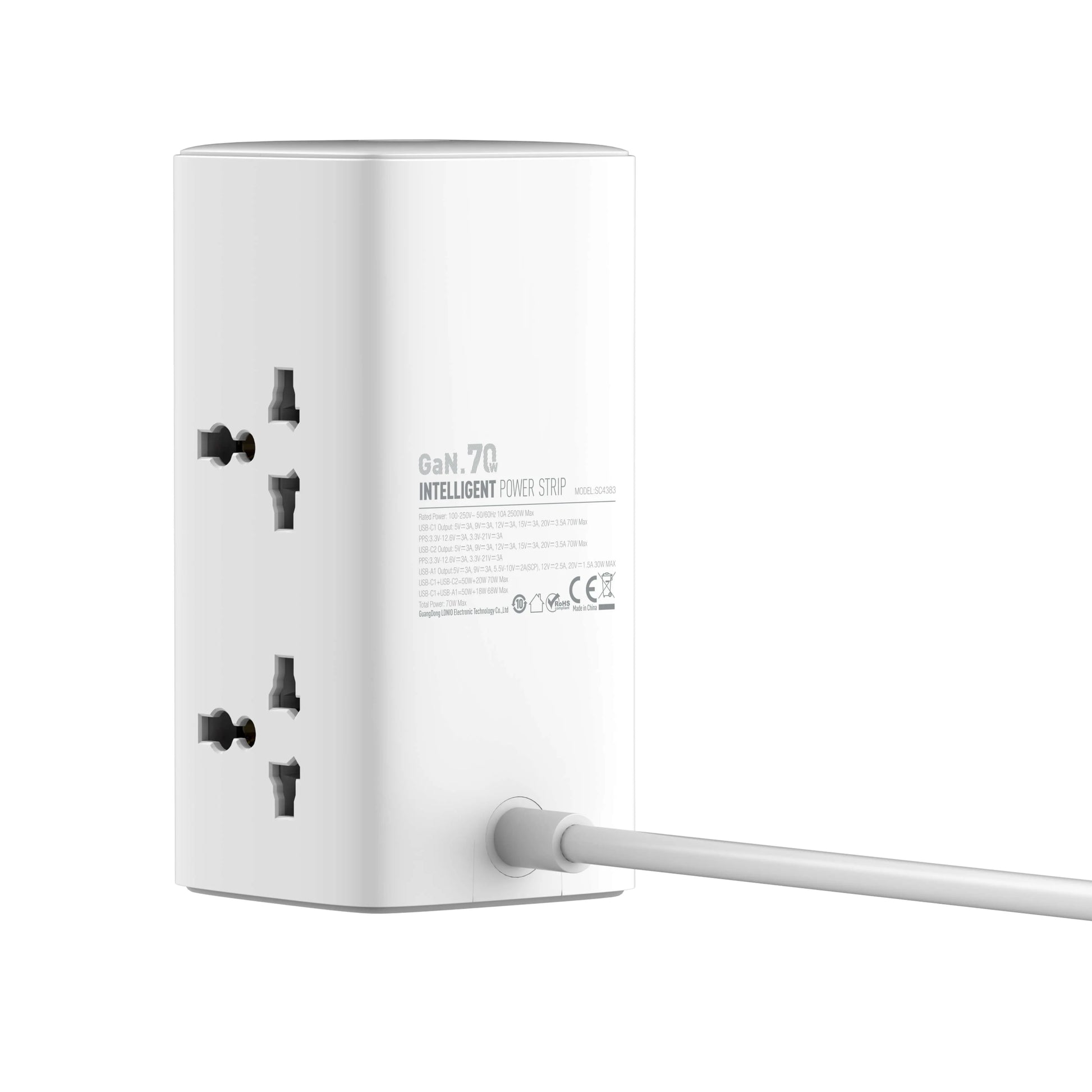 LDNIO SC4383 con 4 tomas universales, USB 70 W (2×USB-C + 1×USB-A), cable 2 m y 2500 W. Ideal para escritorio y home office. Envíos a todo el Perú.