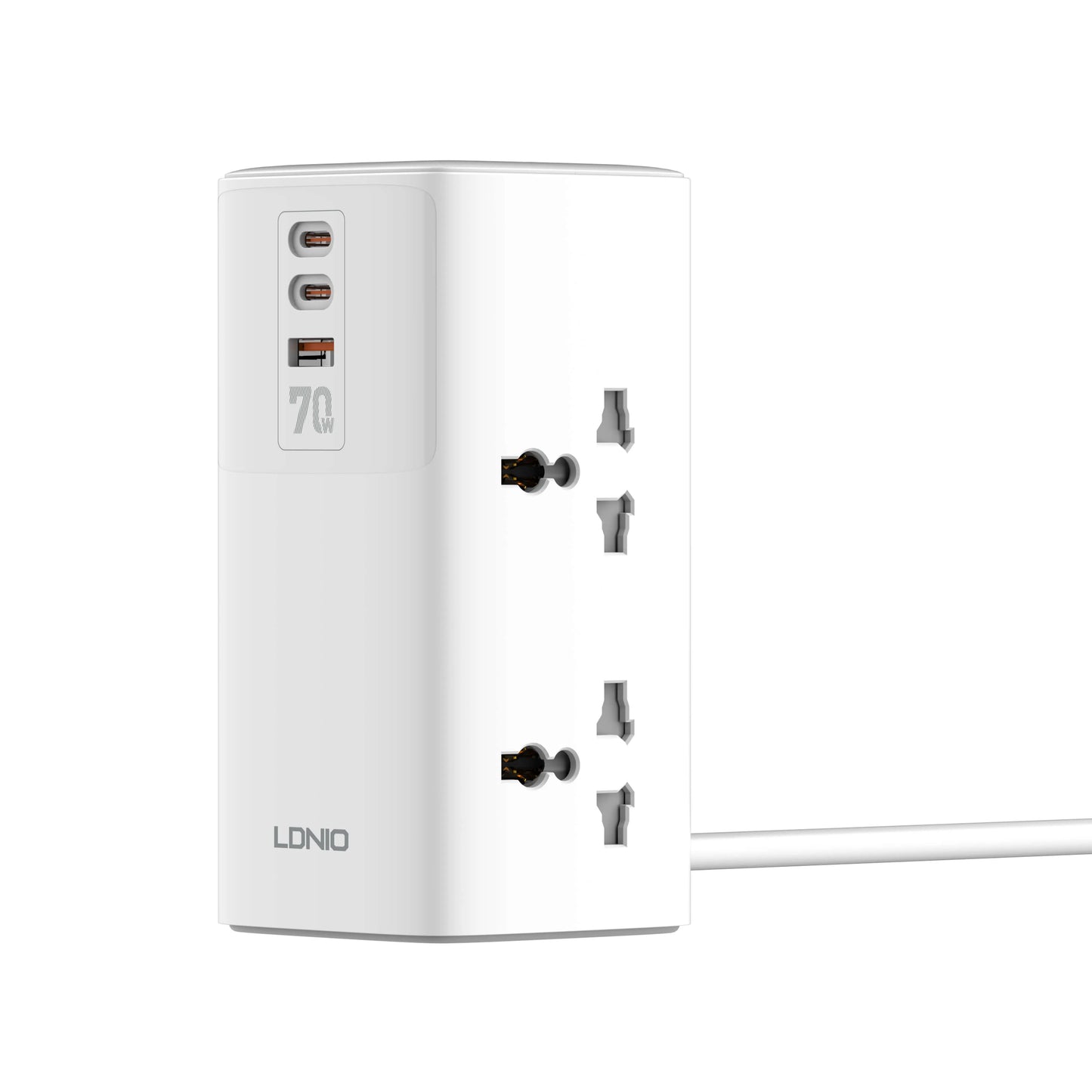 LDNIO SC4383 con 4 tomas universales, USB 70 W (2×USB-C + 1×USB-A), cable 2 m y 2500 W. Ideal para escritorio y home office. Envíos a todo el Perú.