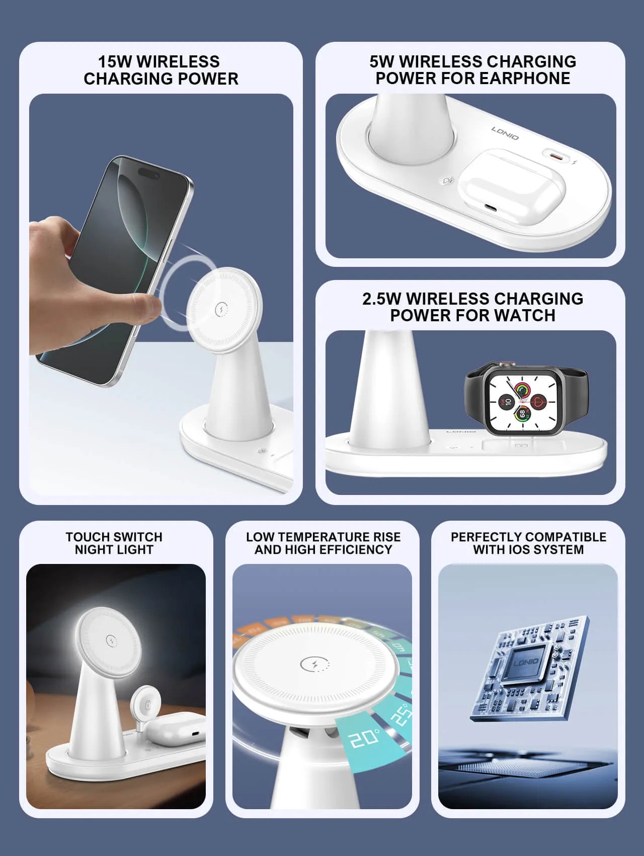 Organiza tu velador/escritorio con la LDNIO WL01: 5-en-1 con Qi 15W, reloj 2.5W, earbuds 5W, soporte magnético y luz LED. Menos cables, más orden.