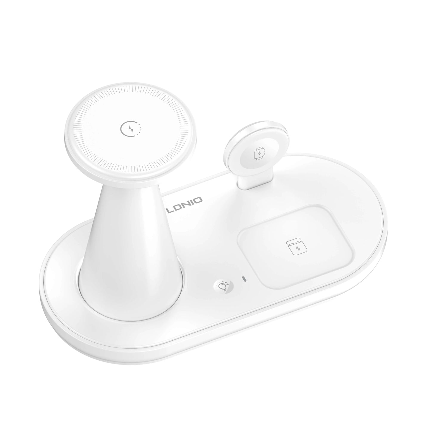 Organiza tu velador/escritorio con la LDNIO WL01: 5-en-1 con Qi 15W, reloj 2.5W, earbuds 5W, soporte magnético y luz LED. Menos cables, más orden.