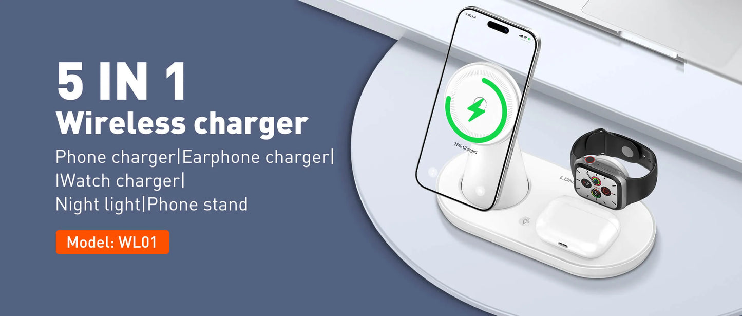 Organiza tu velador/escritorio con la LDNIO WL01: 5-en-1 con Qi 15W, reloj 2.5W, earbuds 5W, soporte magnético y luz LED. Menos cables, más orden.