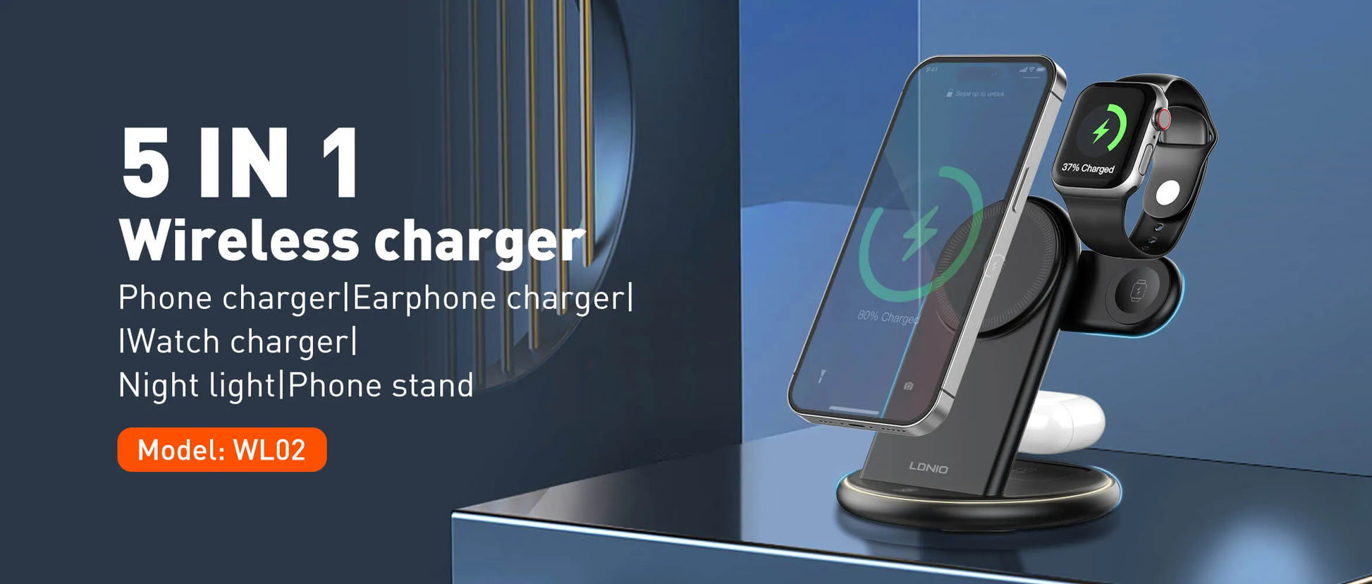 Organiza tu velador/escritorio con la LDNIO WL02: Qi 15W, reloj 2.5W, earbuds 5W, imán N52 y luz LED 3W. Menos cables, más orden.