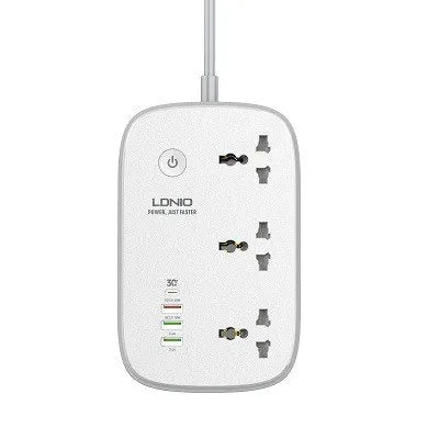 Regleta LDNIO SC3416 con 3 tomas universales y 4 USB (hasta 65 W), cable 2 m, safety door y 9 protecciones. Material ignífugo. Envíos a todo el Perú.
