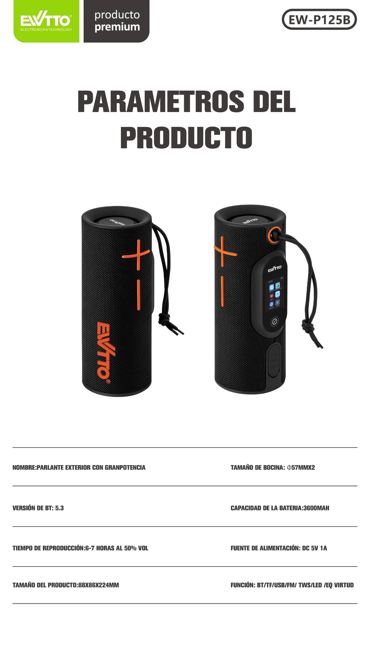 🔊 Parlante Bluetooth 20W para exteriores. Pantalla táctil, resistencia al agua IPX5, batería 3600mAh y bocinas de 57mm. ¡Compra ahora y vive la música! 🚀