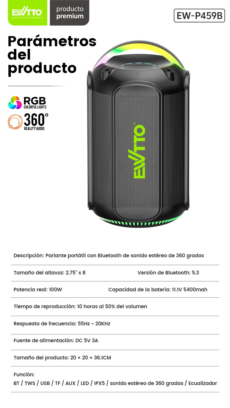 🔊 Parlante Bluetooth 100W con sonido 360°, luces RGB y resistencia al agua IPX5. Hasta 10h de reproducción. ¡Compra ahora y enciende la música!