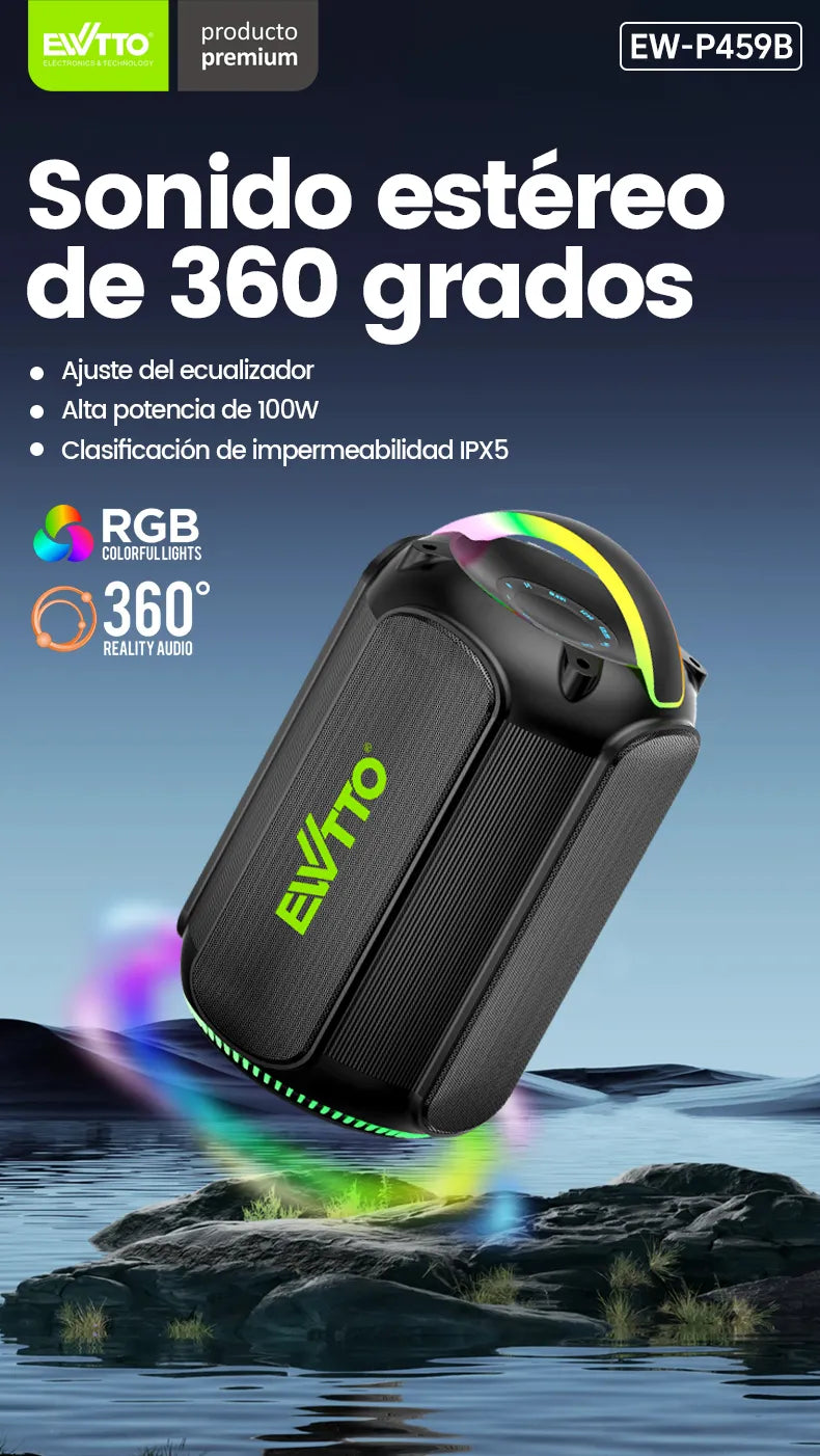 🔊 Parlante Bluetooth 100W con sonido 360°, luces RGB y resistencia al agua IPX5. Hasta 10h de reproducción. ¡Compra ahora y enciende la música!