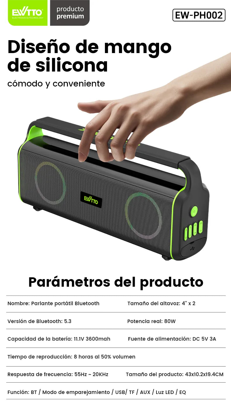 Parlante portátil de 80W con luz RGB, IPX5, batería 3600mAh, EQ ajustable y TWS. Diseño resistente con mango de silicona. ¡Potente y listo para la acción!