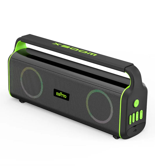 Parlante portátil de 80W con luz RGB, IPX5, batería 3600mAh, EQ ajustable y TWS. Diseño resistente con mango de silicona. ¡Potente y listo para la acción!

