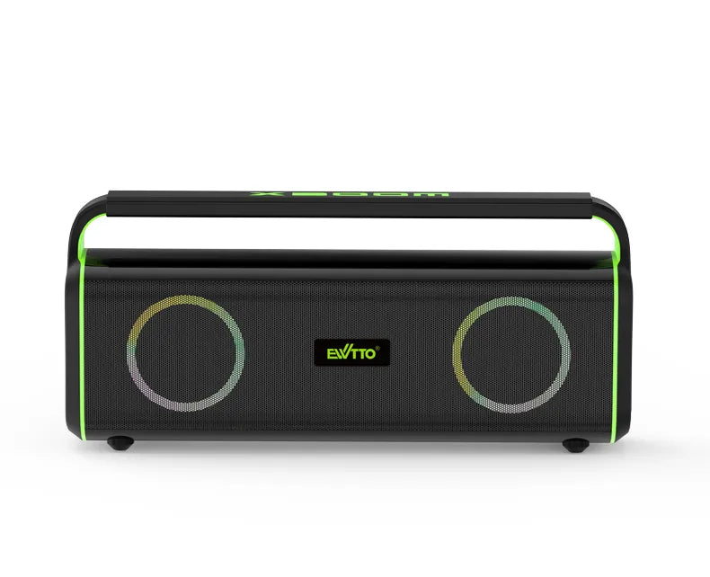 Parlante portátil de 80W con luz RGB, IPX5, batería 3600mAh, EQ ajustable y TWS. Diseño resistente con mango de silicona. ¡Potente y listo para la acción!