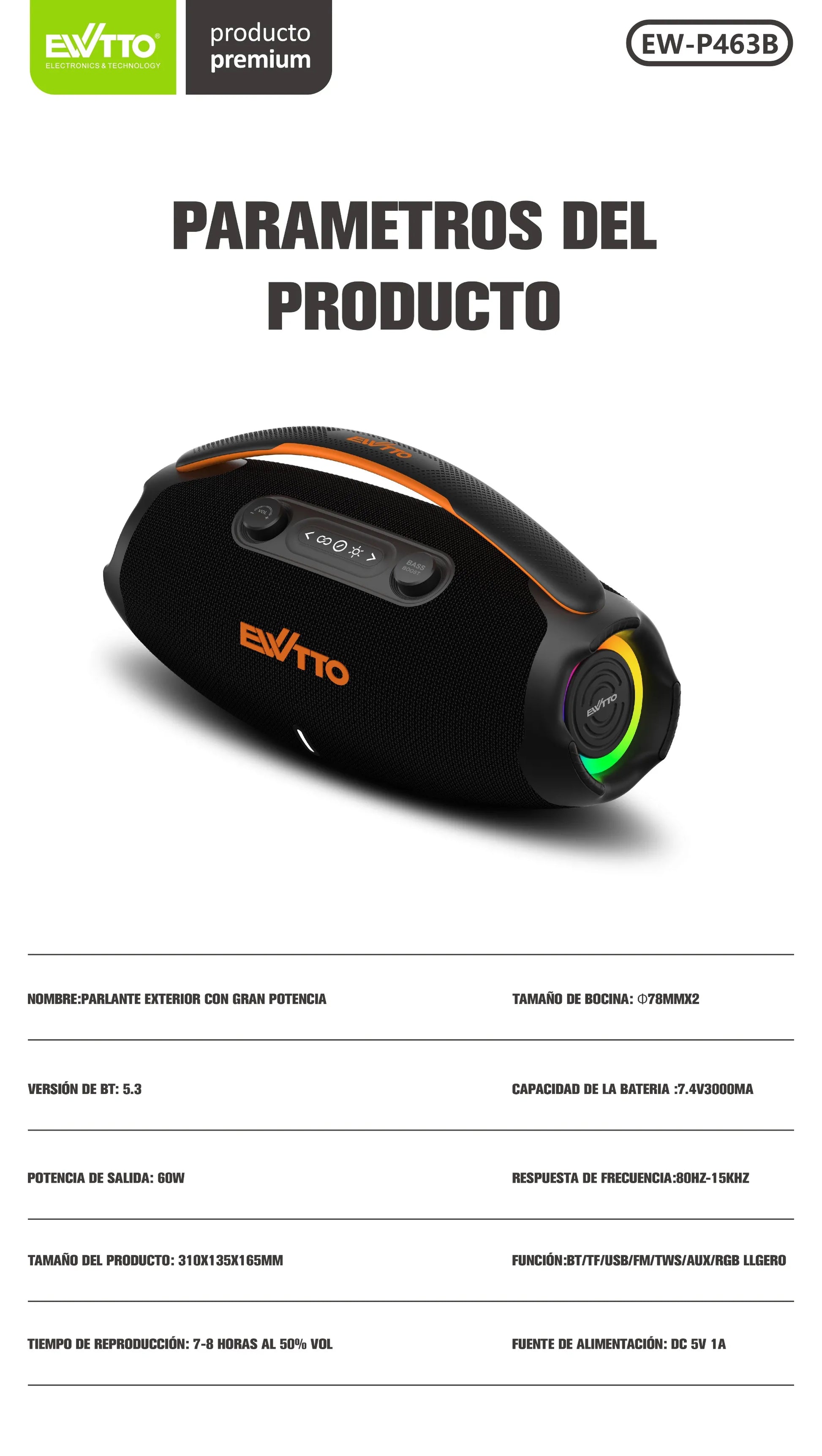 🔊 Parlante Bluetooth de 60W con TWS, IPX5 y 2 bocinas de 78mm. Ideal para exteriores. Hasta 8 horas de música potente. ¡Compra ahora!