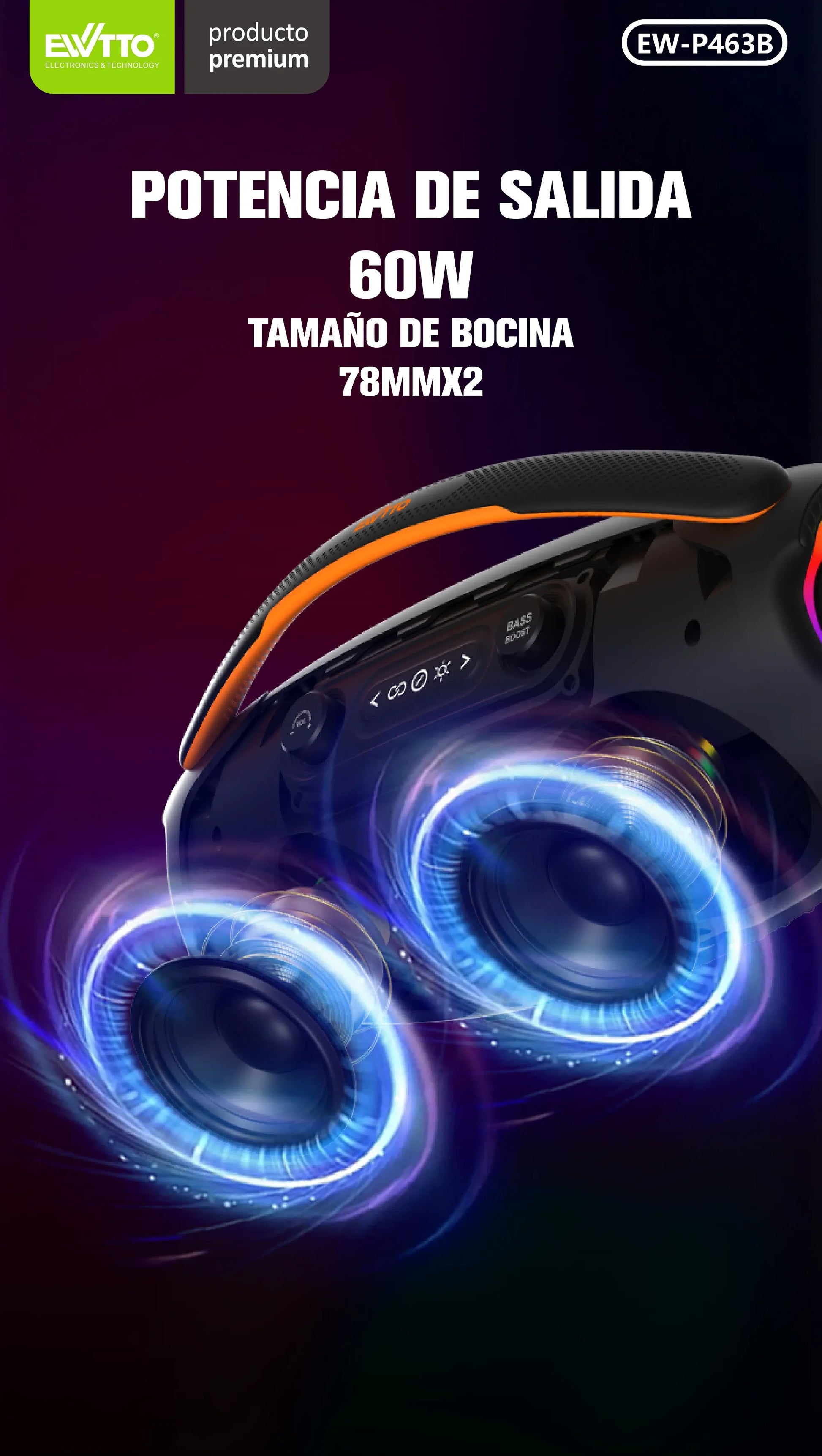 🔊 Parlante Bluetooth de 60W con TWS, IPX5 y 2 bocinas de 78mm. Ideal para exteriores. Hasta 8 horas de música potente. ¡Compra ahora!