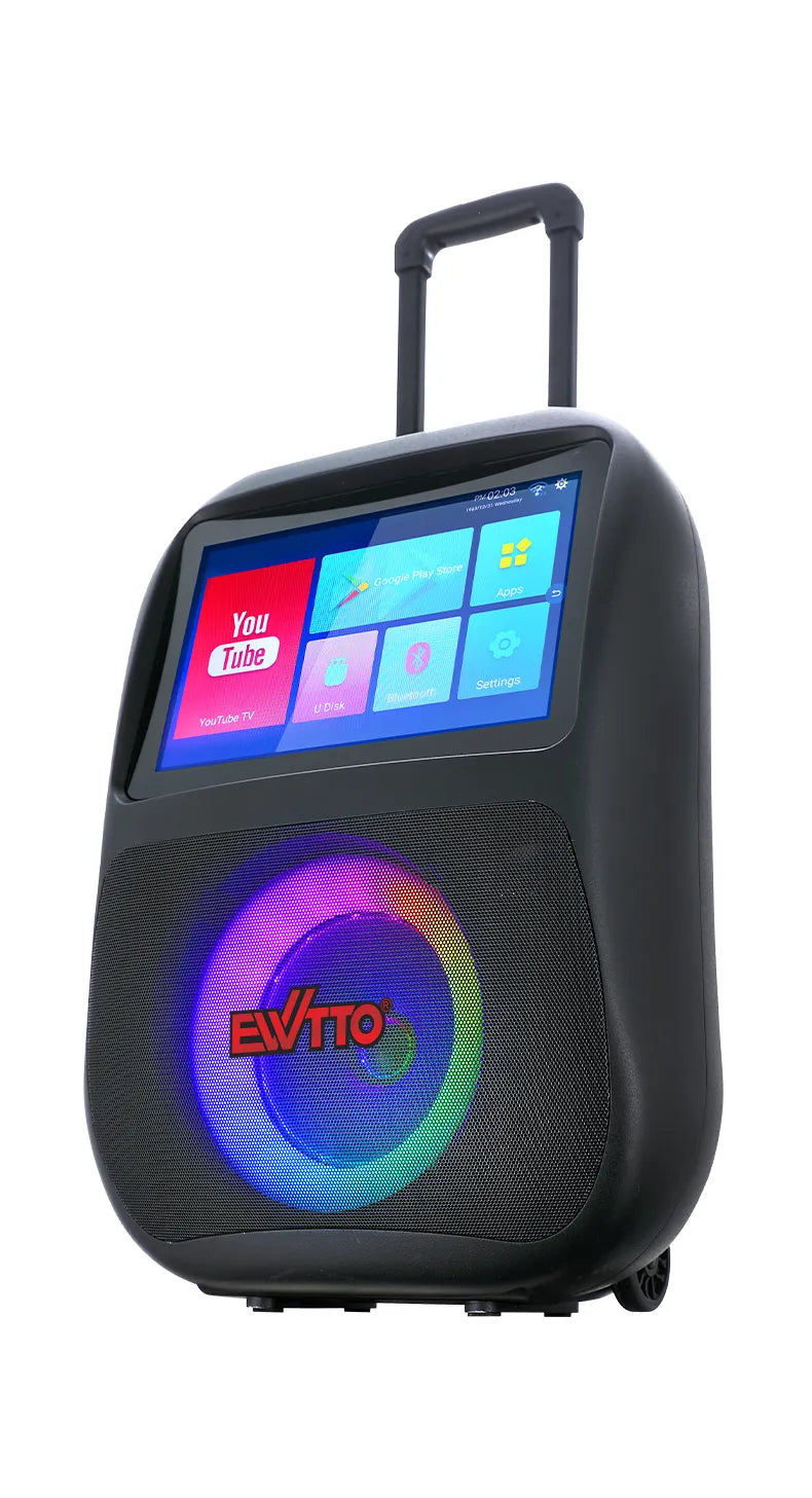 Parlante EWTTO EW-P539MBC con pantalla táctil de 14”, Android 11.0, luces LED, karaoke y 60W de sonido envolvente. ¡Ideal para fiestas y gamers!
