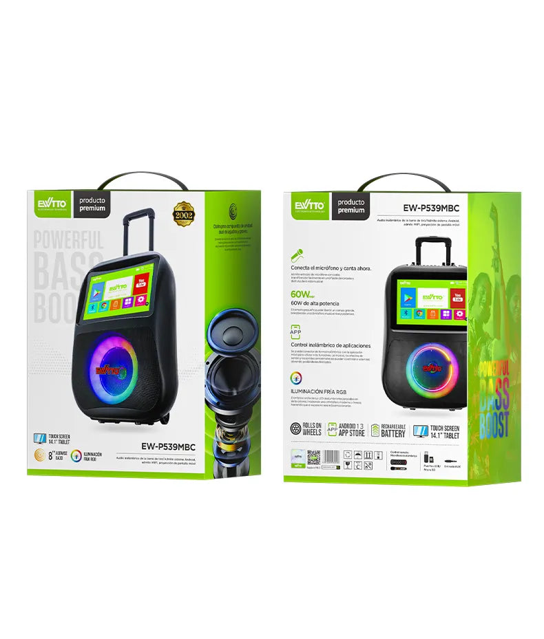 Parlante EWTTO EW-P539MBC con pantalla táctil de 14”, Android 11.0, luces LED, karaoke y 60W de sonido envolvente. ¡Ideal para fiestas y gamers!