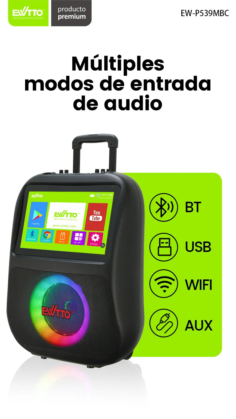 Parlante EWTTO EW-P539MBC con pantalla táctil de 14”, Android 11.0, luces LED, karaoke y 60W de sonido envolvente. ¡Ideal para fiestas y gamers!