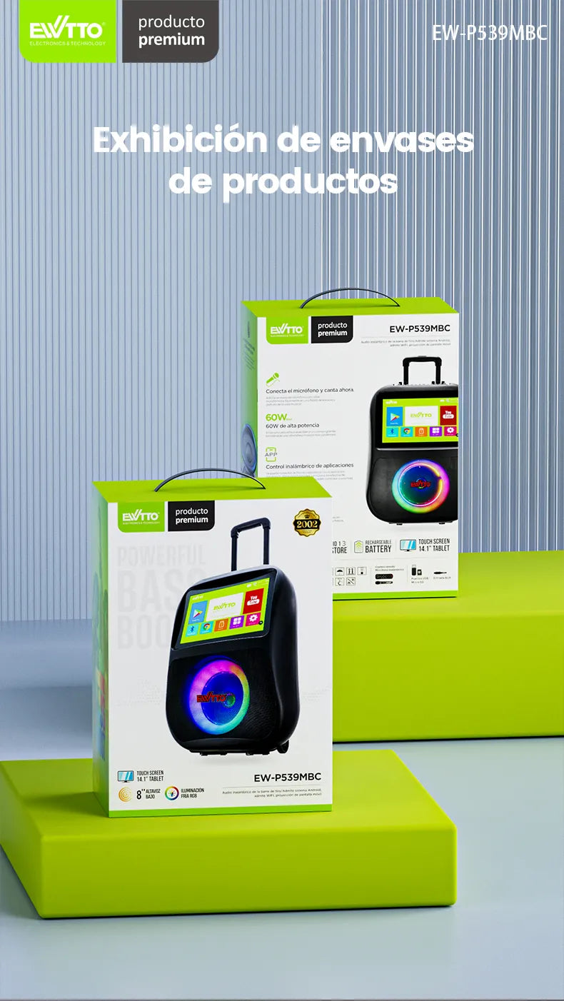 Parlante EWTTO EW-P539MBC con pantalla táctil de 14”, Android 11.0, luces LED, karaoke y 60W de sonido envolvente. ¡Ideal para fiestas y gamers!