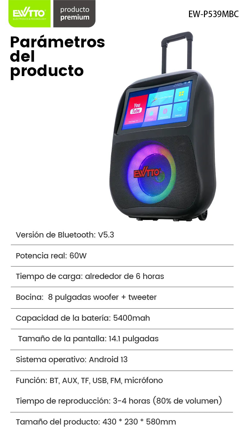 Parlante EWTTO EW-P539MBC con pantalla táctil de 14”, Android 11.0, luces LED, karaoke y 60W de sonido envolvente. ¡Ideal para fiestas y gamers!
