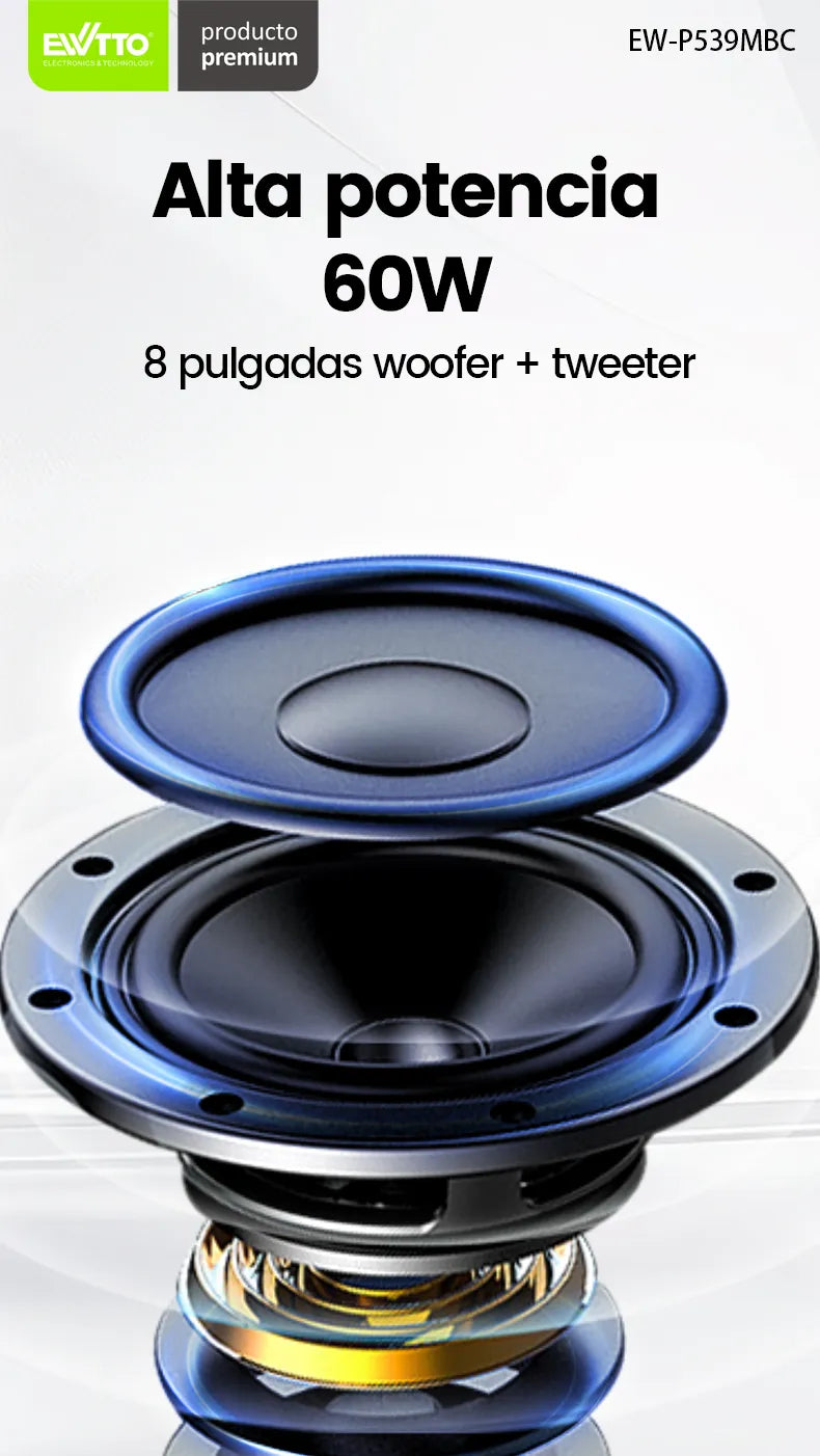 Parlante EWTTO EW-P539MBC con pantalla táctil de 14”, Android 11.0, luces LED, karaoke y 60W de sonido envolvente. ¡Ideal para fiestas y gamers!