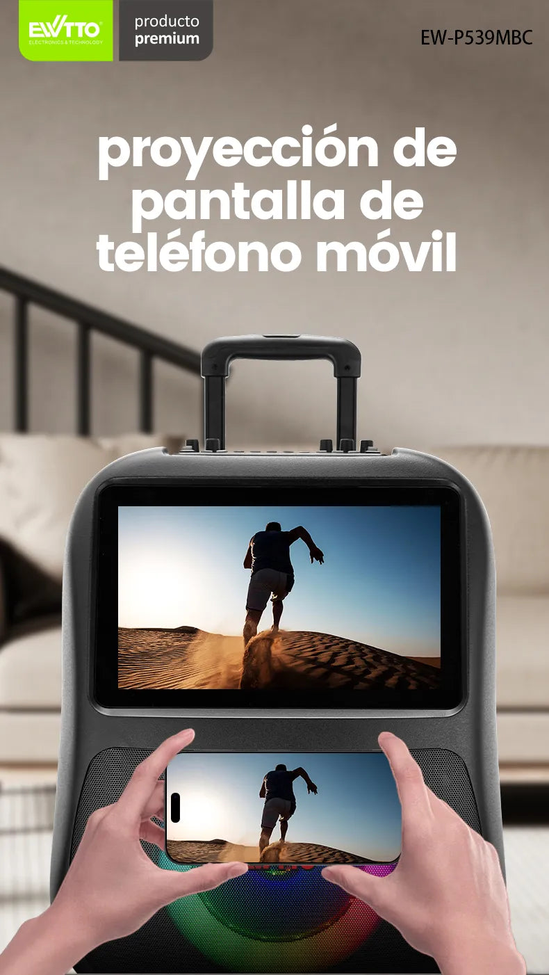 Parlante EWTTO EW-P539MBC con pantalla táctil de 14”, Android 11.0, luces LED, karaoke y 60W de sonido envolvente. ¡Ideal para fiestas y gamers!
