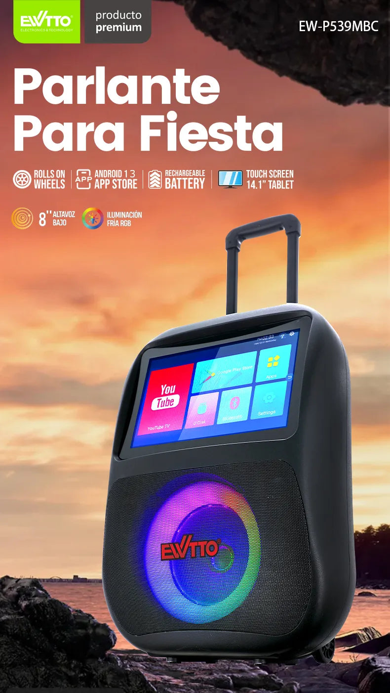 Parlante EWTTO EW-P539MBC con pantalla táctil de 14”, Android 11.0, luces LED, karaoke y 60W de sonido envolvente. ¡Ideal para fiestas y gamers!