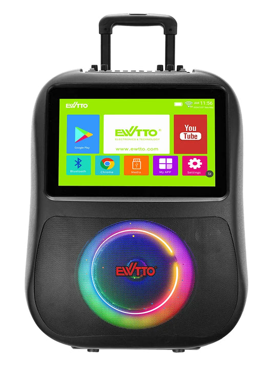 Parlante EWTTO EW-P539MBC con pantalla táctil de 14”, Android 11.0, luces LED, karaoke y 60W de sonido envolvente. ¡Ideal para fiestas y gamers!