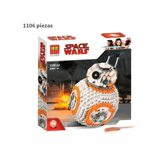 Construye a BB-8 con este set de 1106 piezas de Space Wars. Ideal para coleccionistas, decoración geek y fans de Star Wars. Material ABS de alta calidad.
