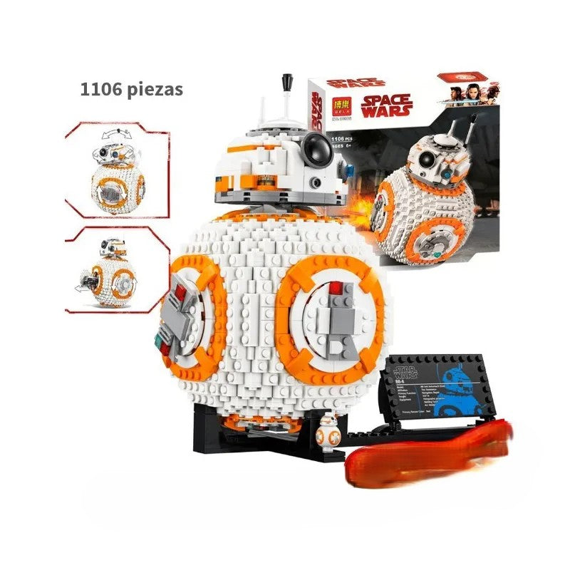 Construye a BB-8 con este set de 1106 piezas de Space Wars. Ideal para coleccionistas, decoración geek y fans de Star Wars. Material ABS de alta calidad.