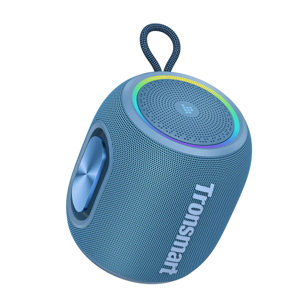 Tronsmart T8 Mini: 16W, IPX7, hasta 20 h (LED off), TWS, sonido 360°, BT 5.3, AUX y TF. Compacto y potente para exteriores y viajes.