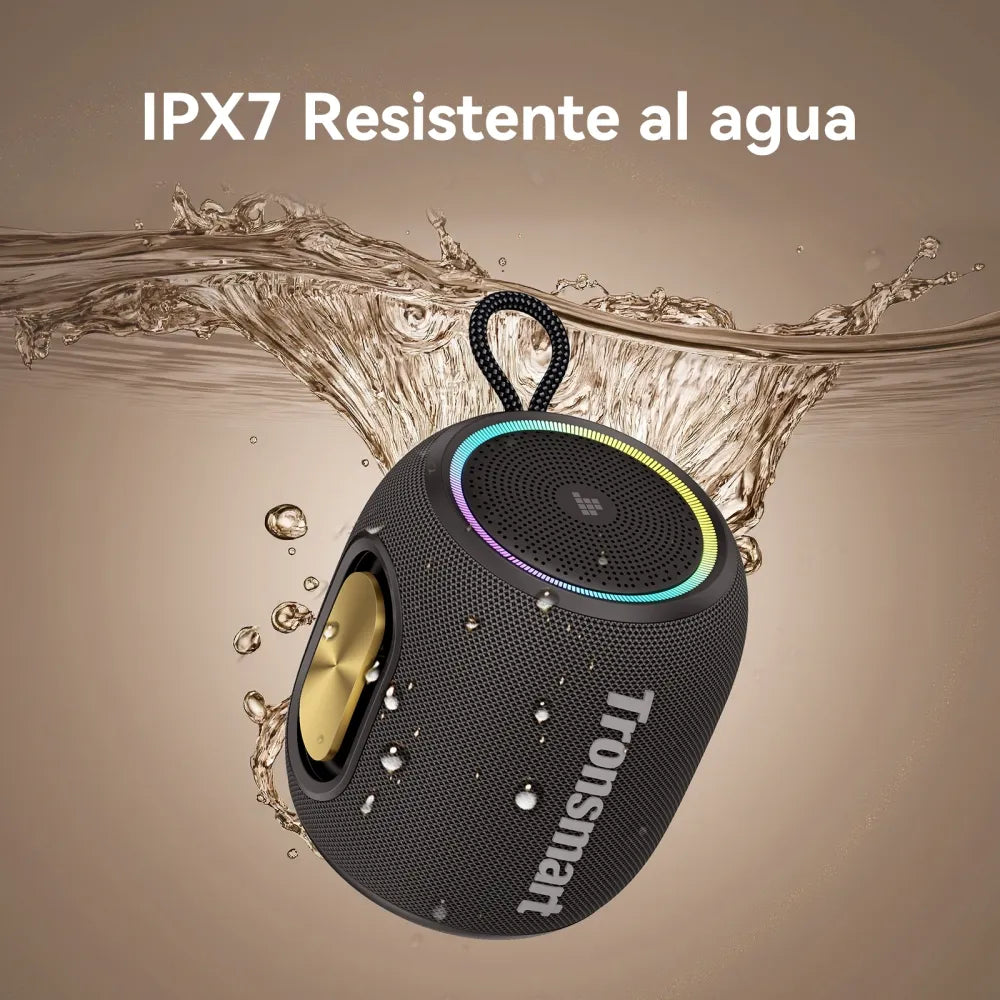 Tronsmart T8 Mini: 16W, IPX7, hasta 20 h (LED off), TWS, sonido 360°, BT 5.3, AUX y TF. Compacto y potente para exteriores y viajes.