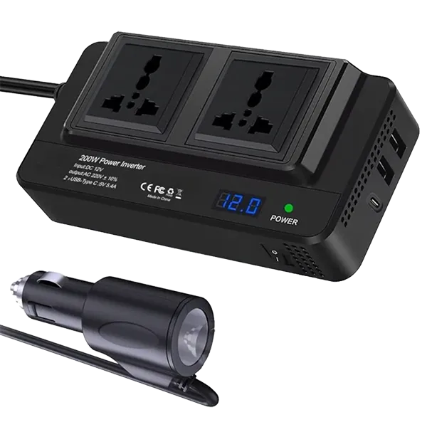 XO CZ011 convierte 12V a 220V 200W con 2 tomas AC, USB-C PD 20W y USB 3A. Compacto, con protecciones y LED. Ideal para viajes y trabajo móvil.