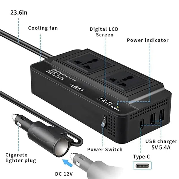 XO CZ011 convierte 12V a 220V 200W con 2 tomas AC, USB-C PD 20W y USB 3A. Compacto, con protecciones y LED. Ideal para viajes y trabajo móvil.