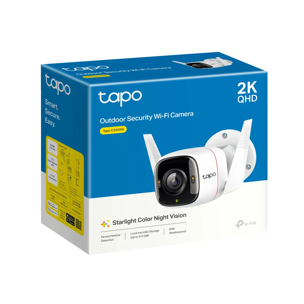 Cámara exterior Tapo C320WS con 2K QHD, visión nocturna a color, conexión Wi-Fi o cable, audio bidireccional, detección y alarma. ¡Compra segura!