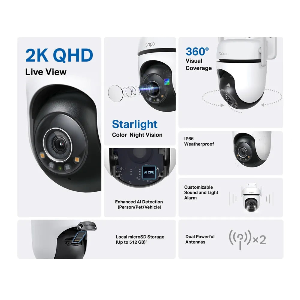 Cámara Tapo C520WS: 2K, giro 360°, visión nocturna color, detección IA, alarma personalizada y protección IP66. ¡Seguridad exterior de alto nivel!